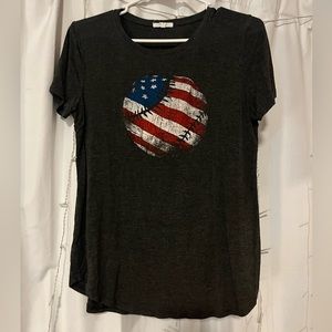 Grey tee with red, white, and blue baseball